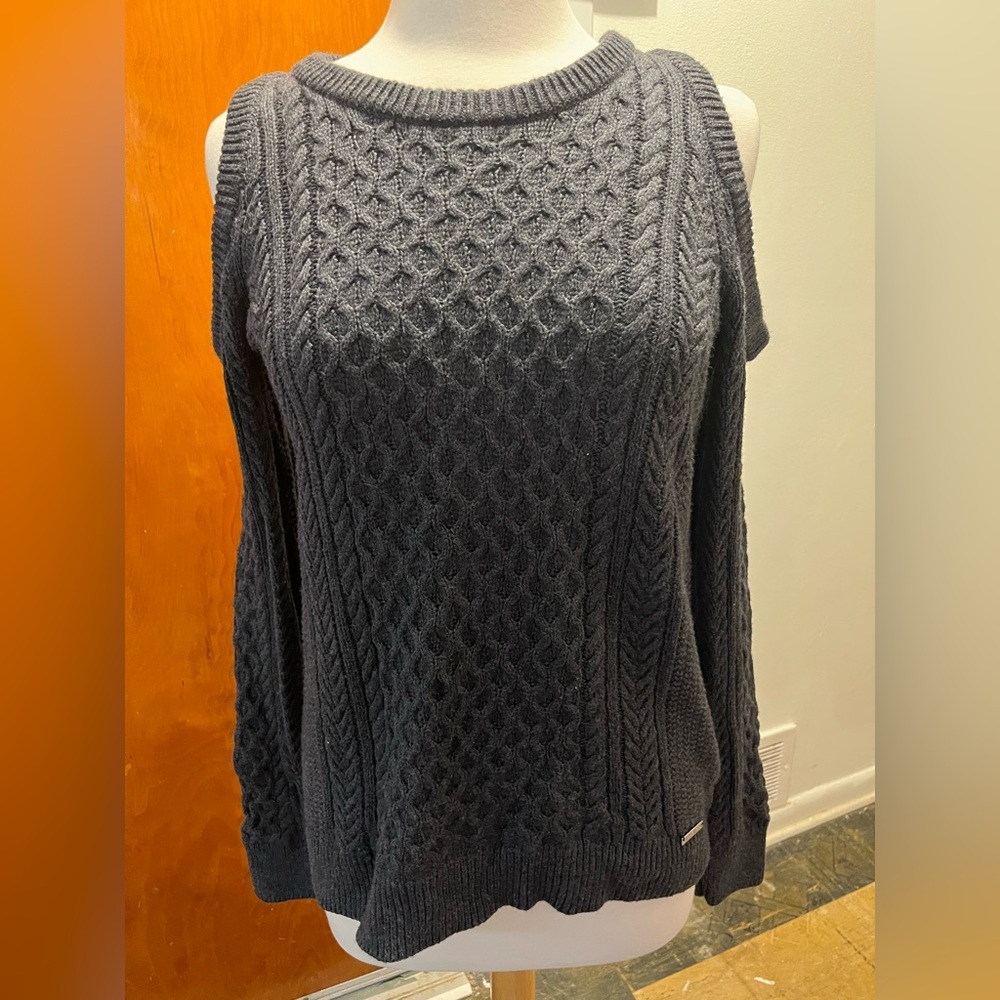 Michael Kors Charcoal Open Shoulder Cable Knit Sweater. Size M